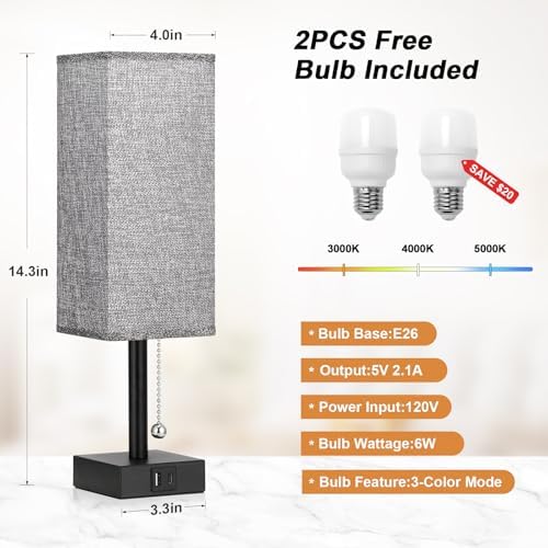 Set of 2 Grey Bedside Table Lamps for Bedroom - Nightstand Lamp, USB C+A