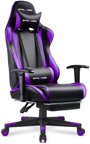 GTPLAYER Gaming Chair with Footrest, Ergonomic Computer Game Desk Chair, Reclining Gamer Chair Seat Height Adjustment, Swivel Rocker with Headrest and Lumbar, Purple
