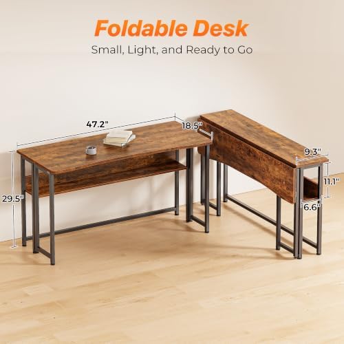 Huuger Folding Desk with Storage Shelf, 47.2 Inch Foldable Computer Table