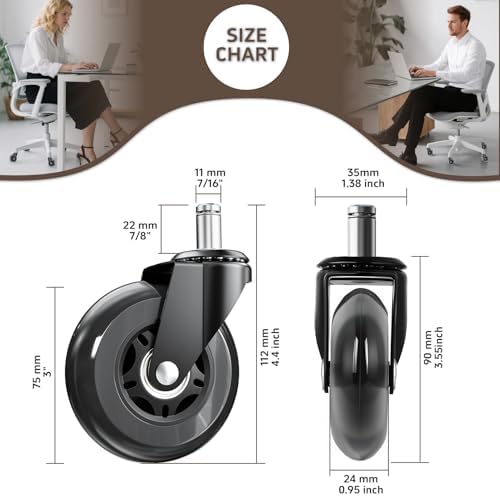3 Inch Office Chair Wheels, Set of 5 (Black)