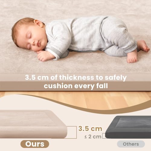 ACOMOPACK Baby Play Mat for Floor 1.3" Thick Memory Foam Play Mat 39"×59" Tummy Time Crawling with Non-slip Bottom for Living Room,Nursery,Soft Velvet Playpen Mats for Kids,Infants（Beige）