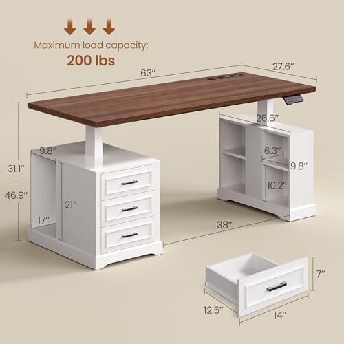 SEDETA 63" Farmhouse Electric Standing Desk with 3 Drawers, Storage Shelves