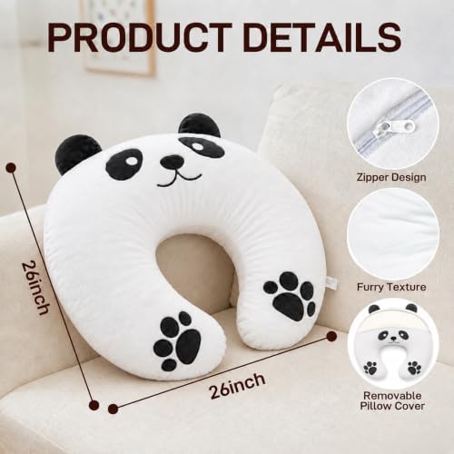 Lap Pillow, Cute Panda Crochet Pillow for Knitting, Crafting, Gaming, Reading and Phone Use on Bed, Sofa or Chair, U-Shaped Wrap Around Arm Support Cushion and Neck Pillow