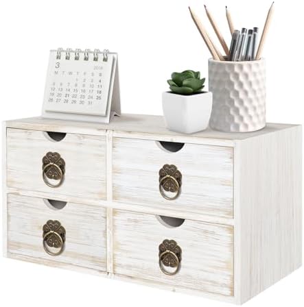 Wood Desk Organizer, White Wooden Desktop Organizer with Drawer, Tabletop Storage Organization Box for Countertop, Home Office Supplies Bills, 13.5x6.6x7.09 Inch(4 Drawer)