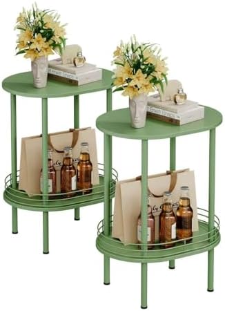 Green Oval Nightstand Set of 2, Small Modern Round Side Table with Storage