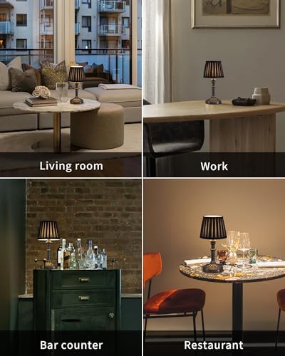 KDG Mottled Silver Cordless Table Lamps Set of 2, Black Fabric Shade Light