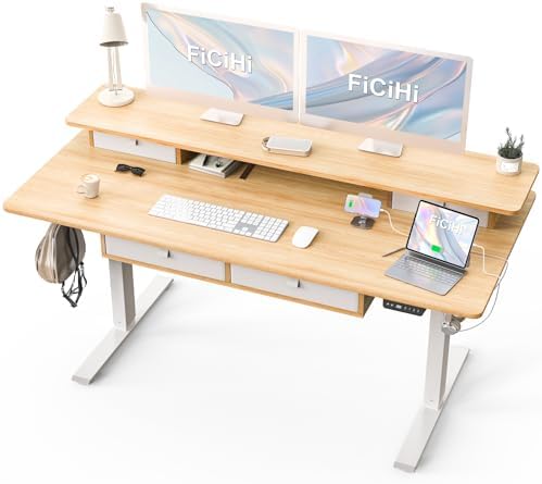 FiCiHi 55x30Inch Standing Desk with Drawers,Electric Height Adjustable Desk