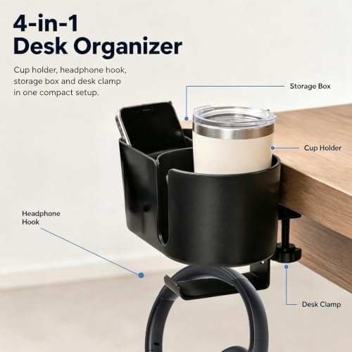4 In 1 Desk Cup Holder Clamp, Under Desk Headphone Hanger