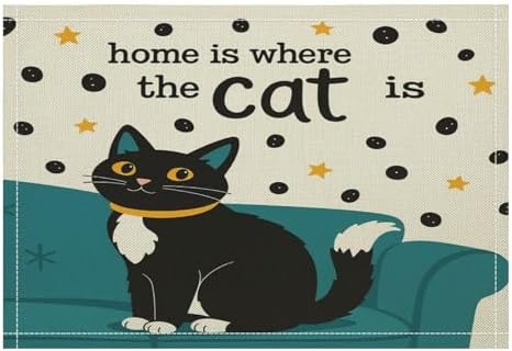 Home is Where The Cat is Linen Placemats Set of 4PCS, Heat Resistant Non-Slip Washable Table Placemats for Dining Everyday Use Hotel Banquet Home Decor