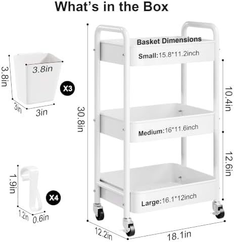 3 Tier Rolling Cart Metal with Wheels, White Three Tiered Carts on Wheels