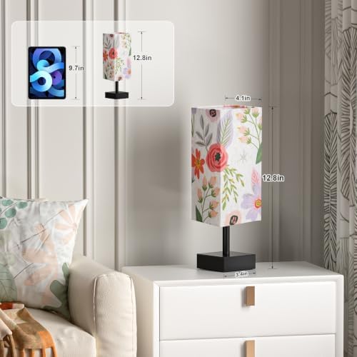 aooshine Small Bedside Table Lamp for Bedroom - Square Floral Fabric Shade