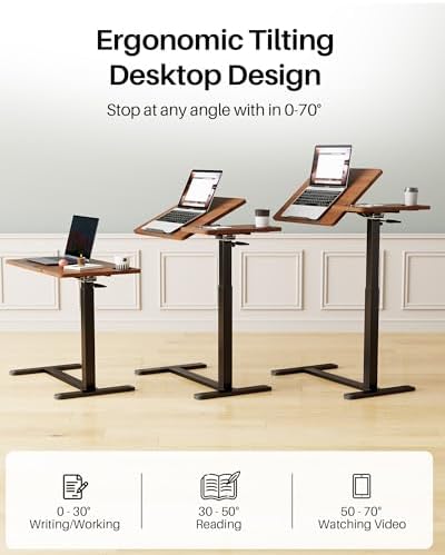 Overbed Table with Wheels, Pneumatic Lift, Foldable Top (Brown)