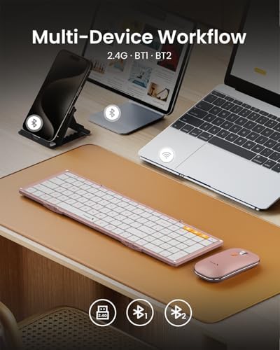 ProtoArc XKM01 Full-Size Foldable Keyboard Mouse Combo for Travel - Pink