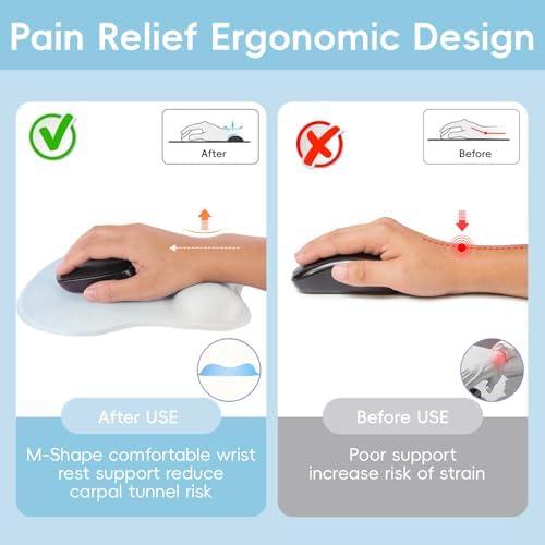 Mouse Pad with Wrist Rest Ergonomic Mouse Pad with Comfortable M-Shape Pain Relief Wrist Support Non-Slip PU Base Mousepad for Laptop, Office & Home (Light Blue)