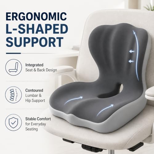 Ergonomic Memory Foam Seat Cushion, L Shaped Lumbar Support Pillow with Tailbone Relief, Orthopedic Chair Pad for Office, Car, Gaming Chair, Travel (Comfort Black & Gray)
