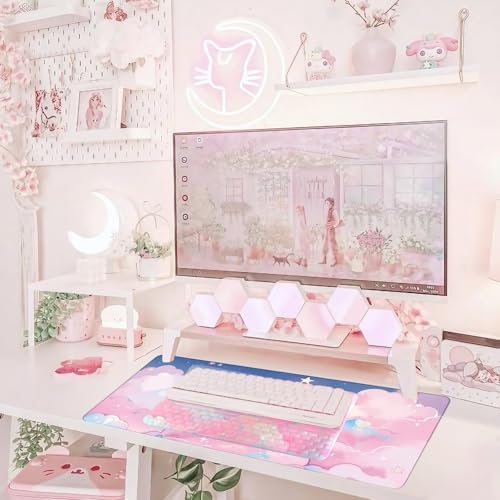 Computer Keyboard Stand Pad with Wrist Rest Pink Cloud Keyboard Pad Support with Comfortable Moon Galaxy Stars Wrist Pad Cute Girl Ergonomic Tilted Keyboard Riser Holder for Desktop Office Home