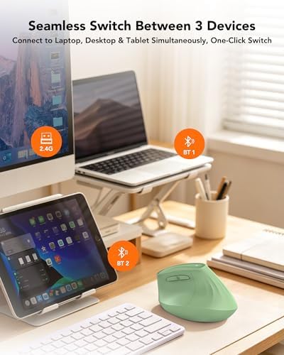 KYSONA Ergonomic Mouse Wireless, Bluetooth Vertical Mouse, 5-Level Adjustable DPI, 2.4G Silent Switch Mice for Windows, MacOS, IPadOS, Laptop, PC, Olive Green