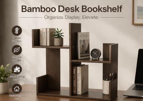 Modern 2-Tier Desk Bookshelf, Short Book Organizer, Display Shelf & Desktop Storage Rack, Space-Saving Desk Bookshelf for Books, Decor & Small Items, Brown