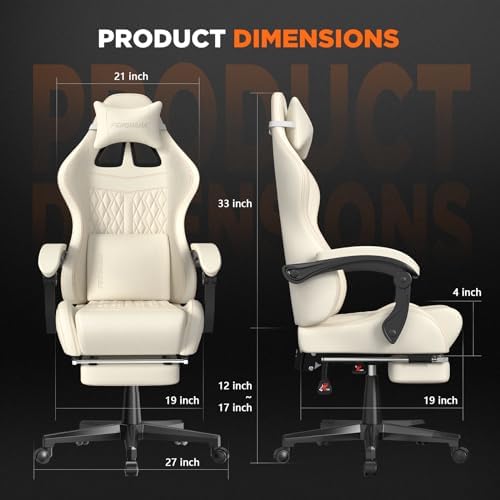 Ferghana Vintage PU Leather Gaming Chair - High Back Massage, Ergonomic Computer Office Chair with Footrest - Racing Style Reclining Beige Gaming Seat
