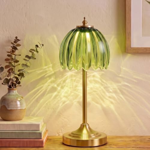 Tulip Glass Rechargeable Table Lamp, Cordless Vintage Table Light (Green)