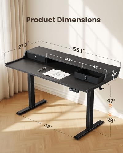 ErGear Electric Standing Desk with Drawers, 55″ x 28″ Gaming Table Compatible Monitor Stand, Stand up Desks, Home Office Height-Adjustable Desk with Storage Shelf, 4 Preset Heights, Black