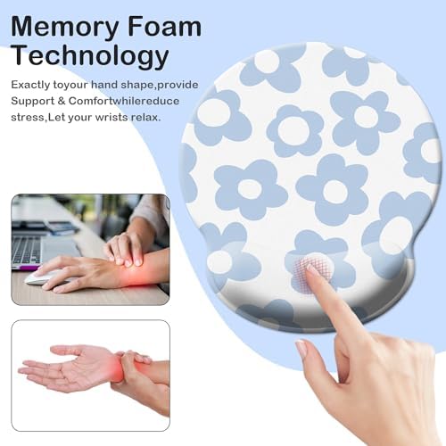 Blue Mouse Pad Wrist Support,Ergonomic Mouse Pad with Wrist Rest,Comfortable Mousepad with Smooth Wrist Rest,Pain Relief Mouse Pads for Non-Slip Base,Computer,Laptop,Office，Home(Vintage Groovy Flower)