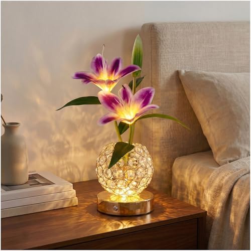 Stargazer Lily Flowers Table Lamp, Rechargeable Cordless Touch Crystal Lamp with 3 Color Modes, Easter Lily Night Light for Bedroom Kitchen Office Decor, Birthday Mothers Day Gifts for Women Mom
