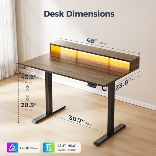 Klicelor Electric Standing Desk with Shelf, 48 Inch Height Adjustable Desk with Power Outlets & LED, Sit Stand Up Table with Monitor Stand, Computer Workstation for Home Office, Dark Walnut