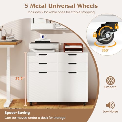 GIANTEX 4-Drawer File Cabinet, Rolling Printer Stand with 2 Lockable Wheels, Wooden Lateral Filing Cabinet, Load 298 Lbs, Under Desk Craft Storage Organizer for Home Office Organization (White)