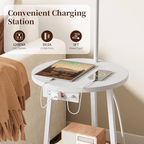 Yoobure Floor Lamp with Table - Farmhouse Night Stand with Charging Station