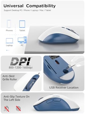 RAPIQUE Bluetooth Wireless Mouse, Dual Bluetooth & 2.4 GHz, Blue and White