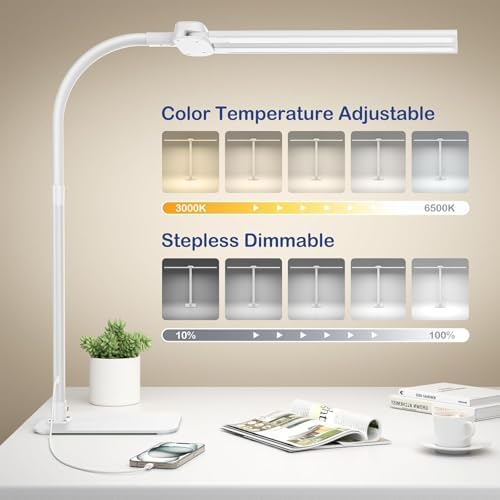 24W LED Desk Lamp for Home Office, 1500lm Dual Head Task Light with Remote