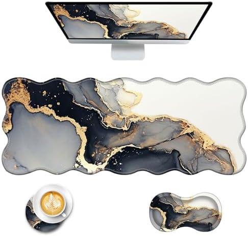Mouse Pad with Wrist Support + Desk Mat + Coaster 3 in 1 Set, XL Large Gaming Mousepad Ergonomic Mouse Pads for Desk Computer Laptop Office,Black Gold Marble