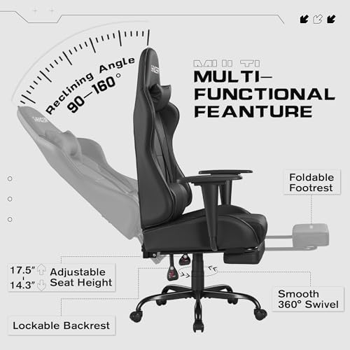 Homall Gaming Chairs, Computer Chair with Footrest and Massage Lumbar Support, Height Adjustable Game Chair with Headrest and Swivel Seat (Black)