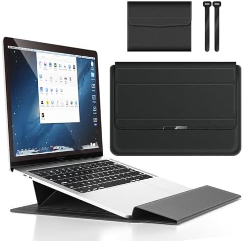 4 in 1 Ergonomic Workstation Set - Foldable Laptop Sleeve and Stand, Premium Leather Portable Computer Riser for 11-17 Inch Laptops, Waterproof Travel Organizer with Cooling Design (Black,16-17")