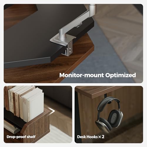 Agilestic 63 Inch L Shaped Electric Standing Desk with Shelf, Dark Walnut