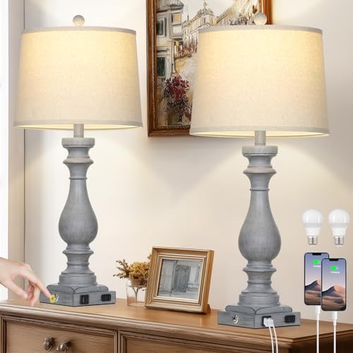 Cinkeda 29" Tall Farmhouse Table Lamp for Living Room Set of 2,Vintage Retro Nightstand Lamps with USB C+A Ports & AC Outlet,3-Way Dimmable Touch Bedside Lamp for Bedroom Side Table,Light Grey