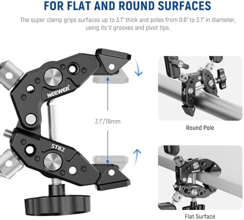 NEEWER Heavy Duty Super Clamp with Two 360° Dual Ball Head Magic Arms, 1/4" 3/8" Screw Threads, Phone & Action Camera Mount Adapter for Flat/Round Surface Compatible with GoPro DJI Insta360 DSLR