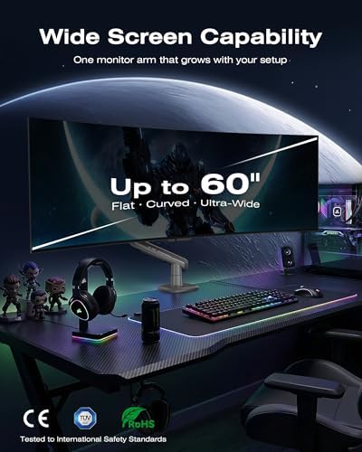 NB Gaming Monitor Arm for Screen up to 60 inches, Holds 44 lbs(20 kg), VESA 75/100, RGB Light, Heavy Duty Monitor Stand, Aluminum Ultrawide Screen Mount Height Angle Adjustable Grey Black