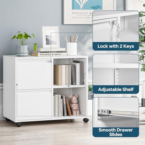 MIIIKO 2 Drawer File Cabinet with Lock, Metal Rolling Printer Stand Filing Cabinets with Drawers for Home Office,A4, Letter Size File Folders(White)
