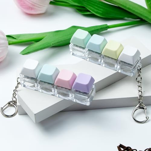 2 PCS Keyboard Fidget Toy, Keyboard Fidget Keychain 4-in-1 Keyboard Decompression Button Finger Clicker Toys, Button Stress Relief Fidget Gifts to Relief Stress (Blue White Pink Purple)