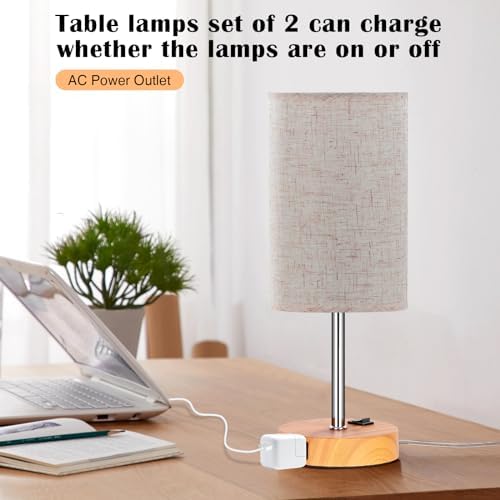 ZJOJO Wood Grain Table Lamp Set of 2 for Bedroom,Flaxen Fabric Shade, 13.8"