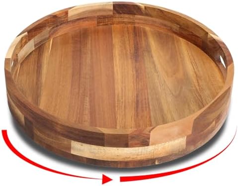 Acacia Wooden Lazy Susan for Table Top-12 Inch Wooden Lazy Susan Turntable with Double Handle-Large Acacia Wooden-Spice Organizer for Countertop, Table, Cabinet