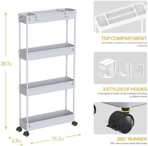SPACELEAD Slim Storage Cart 4 Tier,Bathroom Organizer Rolling Utility,Mobile Shelving Unit Slide Out for Office, Kitchen, Laundry Room & Narrow Places,Gray