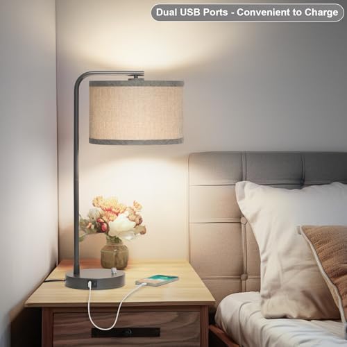 Gray Bedside Lamp with USB C+A Ports, Fully Dimmable Modern Nightstand Lamp
