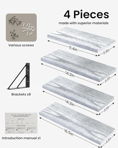 BAYKA Wall Mounted Floating Shelves (Gray and White, Set of 4, 16" Mixed)
