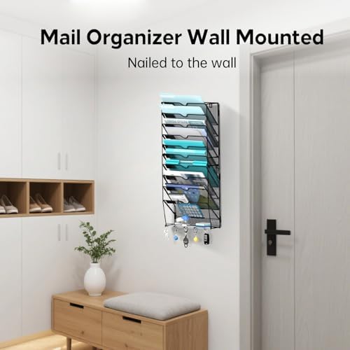 11-Tier Wall File Organizer and Mail Organizer with 5 Hooks, Black