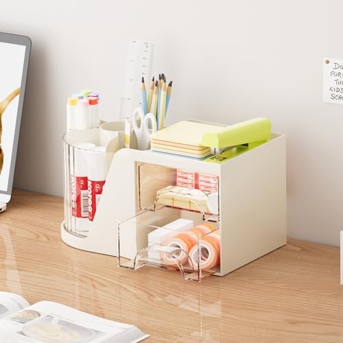 Marbrasse Desk Organizer with 2 Drawer, 360°Rotating Pen Holder, Desk Organizers and Accessories with 6 Slots Pencil Organizer + 2 Drawer, Art Supply Storage Box Caddy for Office (Beige)