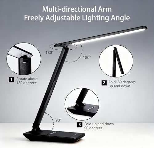 Desk Lamp with Wireless Charger, Table Lamp with USB Port, Eye-Caring Dimmable Touch Control, Clock Display, Adjustable Foldable Arm, 5 Brightness & 3 Color Modes, Home Office Study