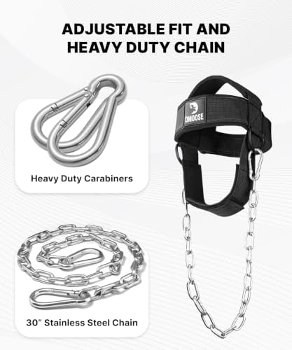 DMoose Fitness Neck Harness for Weight Lifting - Soft Padded Head & Chin Strap with 30" Heavy Duty Steel Chain - Neck Exerciser, Trainer & Strengthener to Support Injury Recovery and Intense Workouts